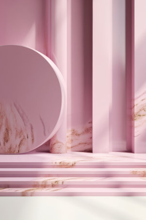 A pink modern background with a podium stage stand made of marble tiles for showcasing products, 3D render.の写真素材