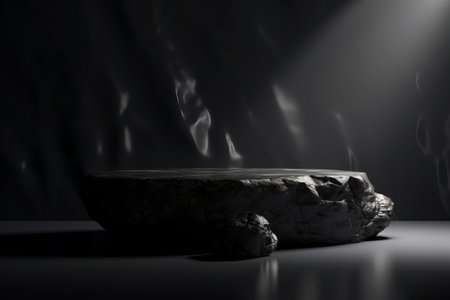 Dark rock podium for packaging and cosmetic presentation. Black and white stone display with abstract product placement. Realistic 3D rendering.の写真素材