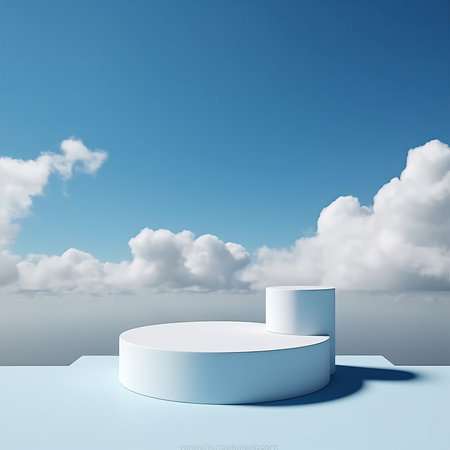 Blue sky podium for product placement 3D rendering.の写真素材