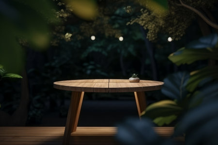Night forest wooden table product placement 3D render.の写真素材
