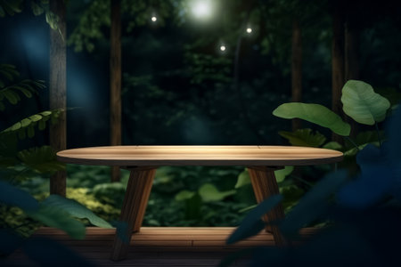 Night forest wooden table product placement 3D render.の写真素材