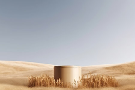 Minimalistic 3D podium stand on dry grass for product display, with a classical arch studio background. Perfect for showcasing summer products. Realistic rendering.の写真素材