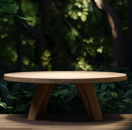 Night forest wooden table product placement 3D render.の写真素材