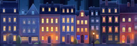 Scandinavian city street at night with rain. A cityscape featuring a road near residential buildings. The front urban panoramic view showcases townhouse architecture in the evening.の写真素材
