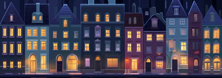 Scandinavian city street at night with rain. A cityscape featuring a road near residential buildings. The front urban panoramic view showcases townhouse architecture in the evening.の写真素材