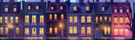 Scandinavian city street at night with rain. A cityscape featuring a road near residential buildings. The front urban panoramic view showcases townhouse architecture in the evening.の写真素材