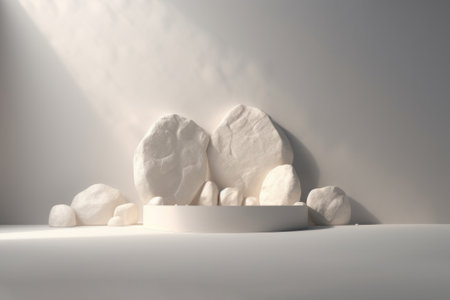 Stones podium for product presentation with white concrete texture and shadow on the wall. Realistic 3D rendering.の写真素材