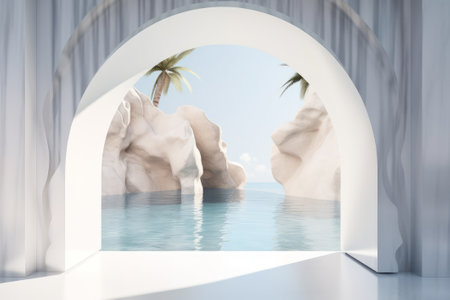 White arch background with marble podium on water for product presentation. summer scene. 3D rendering.の写真素材