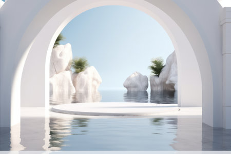White arch background with marble podium on water for product presentation. summer scene. 3D rendering.の写真素材
