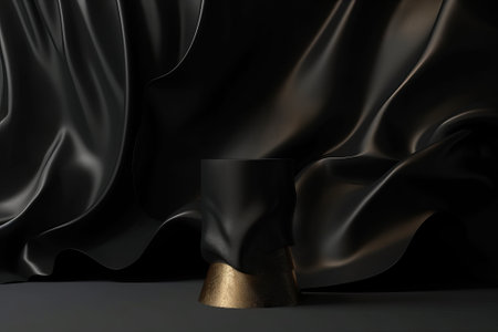 3D display podium with black cloth and gold pedestal on a dark background. Luxury mockup for beauty or cosmetic product presentation. 3D rendered advertisement.の写真素材