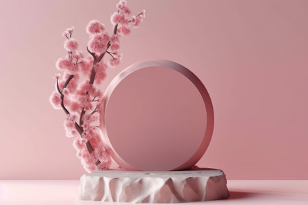 Pink 3D podium on stone background with Sakura pink flower branch shadow. Cosmetic or beauty product promotion stand. Spring themed mockup with copy space. Minimalist abstract 3D render.の写真素材