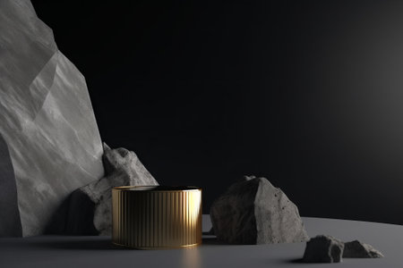 Stone podium display with black pedestal and gold accents on a concrete gray background. Ideal for showcasing beauty and cosmetic products. Minimalist 3D render with natural rock and sun shadow.の写真素材