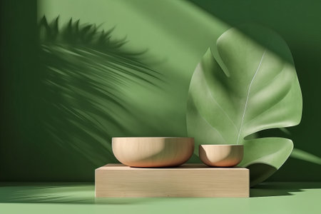 3D wooden podium with leaf shadow on a green background for cosmetics or beauty product promotion. Natural stone step pedestal with copy space. Trendy minimalist banner, 3D render illustration.の写真素材