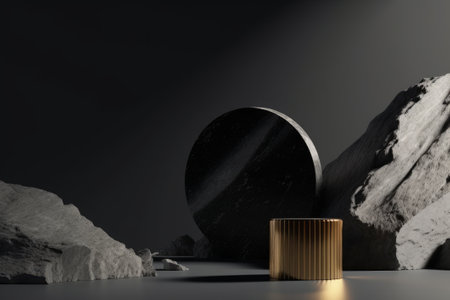 Stone podium display with black pedestal and gold accents on a concrete gray background. Ideal for showcasing beauty and cosmetic products. Minimalist 3D render with natural rock and sun shadow.の写真素材