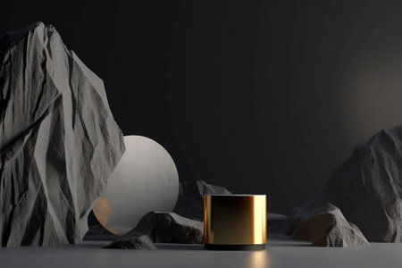 Stone podium display with black pedestal and gold accents on a concrete gray background. Ideal for showcasing beauty and cosmetic products. Minimalist 3D render with natural rock and sun shadow.の写真素材