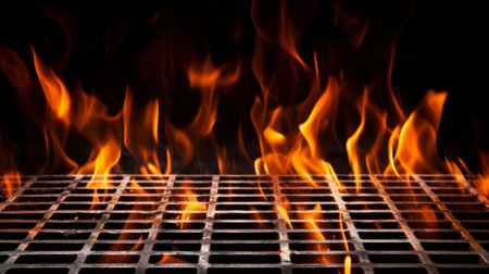 A black background with an empty barbecue grill grid and flames.の写真素材