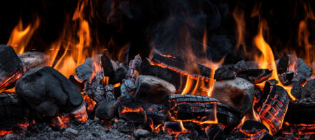 Background of charcoal for barbecue with flames.の写真素材