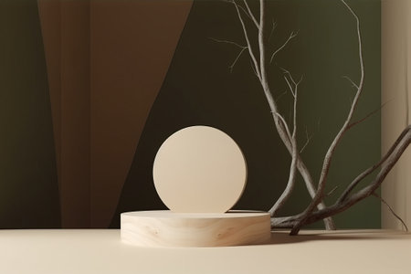 Beige rock 3D podium for showcasing cosmetic and beauty products on a brown background with a sun shadow. The display gives an abstract minimal studio look, set in a nature landscape.の写真素材