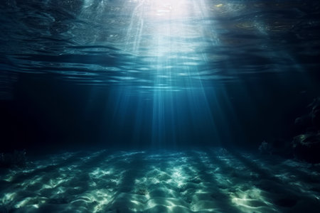 deep sea with blue sunlight through shining the water.の写真素材