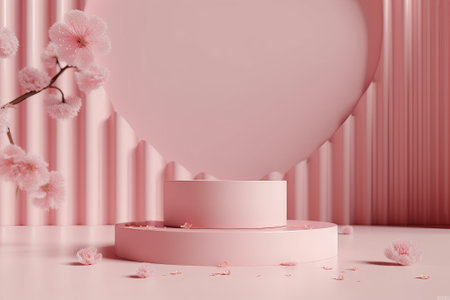 3D pink podium with falling sakura flowers, perfect for promoting cosmetic or beauty products. Minimalistic design with copy space and a floral pastel pedestal. Spring-themed 3D render mockup.の写真素材