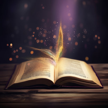 Open book with abstract light shining in the dark - concept of literature and fairy tales.の写真素材
