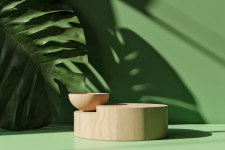 3D wooden podium with leaf shadow on a green background for cosmetics or beauty product promotion. Natural stone step pedestal with copy space. Trendy minimalist banner, 3D render illustration.の写真素材