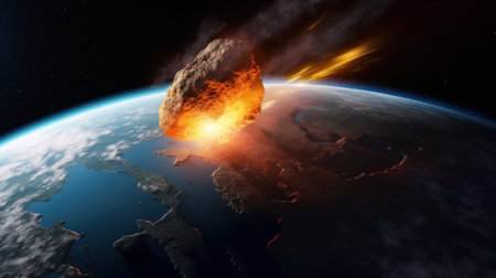 Asteroid impact on Earth causing a collision - 3D rendering.の写真素材