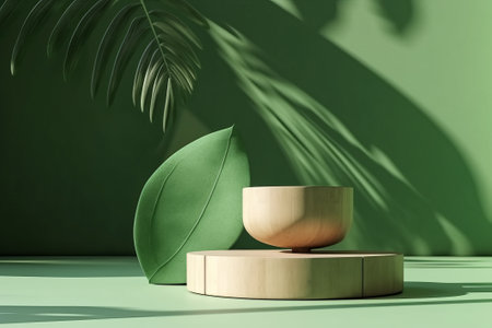 3D wooden podium with leaf shadow on a green background for cosmetics or beauty product promotion. Natural stone step pedestal with copy space. Trendy minimalist banner, 3D render illustration.の写真素材