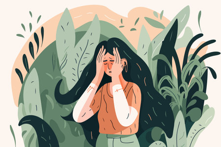 Sick young woman suffering from flower allergy, with a red nose. Allergic reaction to pollen. healthcare concept. vector illustration.のイラスト素材