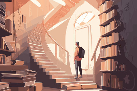 Pensive young man stands near a staircase made of books, contemplating education and deep in thought. The stairs lead to open doors, symbolizing opportunities. vector illustration.のイラスト素材