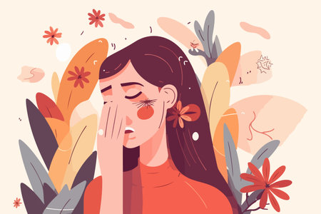 Sick young woman suffering from flower allergy, with a red nose. Allergic reaction to pollen. healthcare concept. vector illustration.のイラスト素材