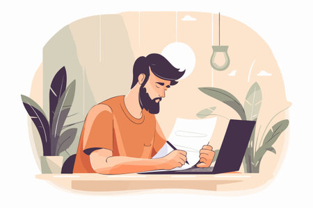 A man working on a laptop and taking notes on paper. vector illustration.のイラスト素材