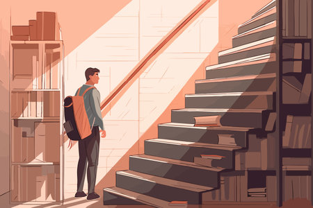 Pensive young man stands near a staircase made of books, contemplating education and deep in thought. The stairs lead to open doors, symbolizing opportunities. vector illustration.のイラスト素材