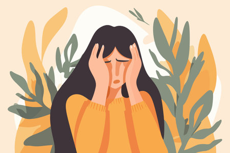 Sick young woman suffering from flower allergy, with a red nose. Allergic reaction to pollen. healthcare concept. vector illustration.のイラスト素材