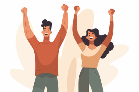Vector illustration of a joyful young couple with open arms, expressing positivity and happiness. The man and woman are both smiling and radiating cheerful energy.のイラスト素材