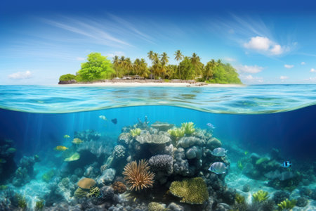 Tropical island and coral reef split view with waterline.の写真素材