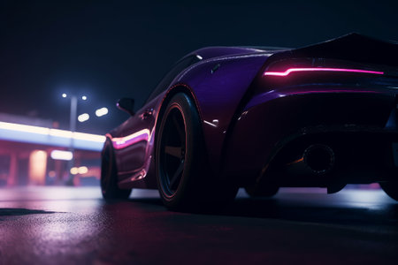 A parked racing car at night in a dimly lit parking lot, with purple lights and anamorphic lens flares highlighting its sleek profile.の写真素材