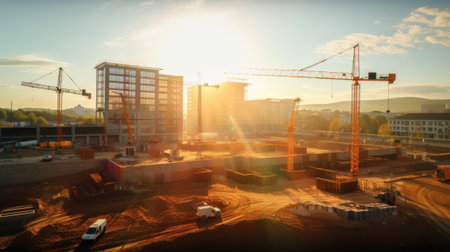 A construction site with multiple cranes and a golden sunlight.の写真素材