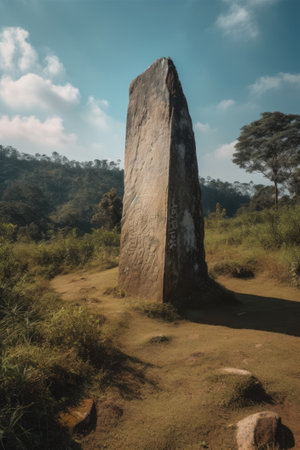 Tall khasi stone monolith from Meghalaya standing majestically on a hilltop.の写真素材