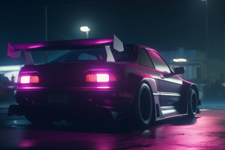 A parked racing car at night in a dimly lit parking lot, with purple lights and anamorphic lens flares highlighting its sleek profile.の素材 [FY310201062167]