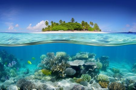 Tropical island and coral reef split view with waterline.の写真素材