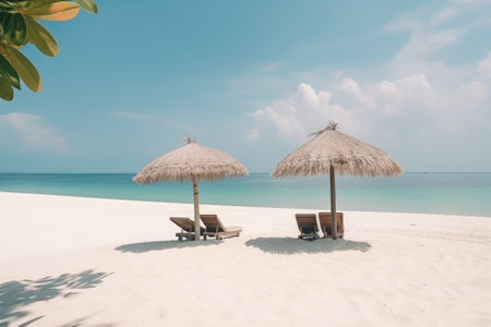 Beautiful tranquil white sand beach with two beach chair and thatched umbrella near palm.の写真素材