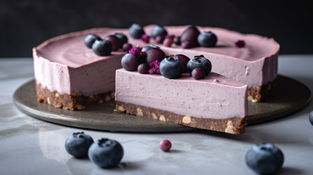 Gluten-free vegan blueberry cheesecake, raw and no-bake, on white background. Sweet and healthy dessert.の写真素材