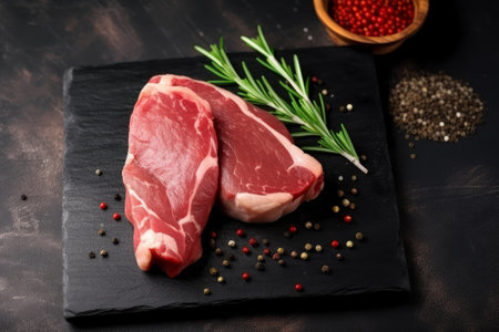 Raw pork fillet seasoned with pepper and garnished with fresh rosemary on a wooden cutting board.の写真素材