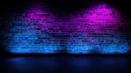 Glowing neon lights in shades of pink, purple, and blue illuminate a black brick wall, creating a dramatic effect in the dark.の写真素材
