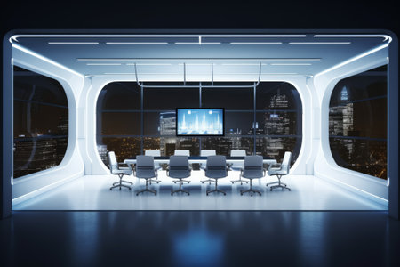 Futuristic conference room with blank wall-mounted plasma and night city view. 3D rendering, mockup.の写真素材