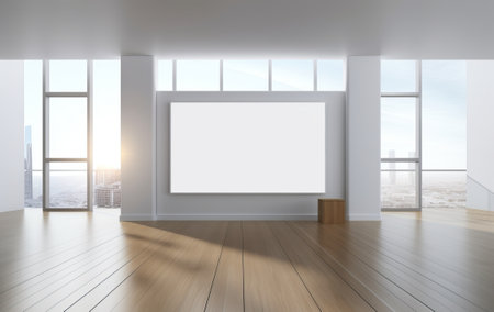 A blank white poster is displayed on a gray partition in a sunny and spacious hall with a wooden floor and a view of the city. 3D rendering mockup.の写真素材