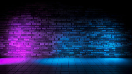 Glowing neon lights in shades of pink, purple, and blue illuminate a black brick wall, creating a dramatic effect in the dark.の写真素材