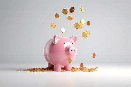 A 3D rendering of a golden coin dropping into a pink piggy bank, representing the concept of saving money and making investments to gain profit and dividends.の写真素材