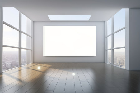 A blank white poster is displayed on a gray partition in a sunny and spacious hall with a wooden floor and a view of the city. 3D rendering mockup.の写真素材